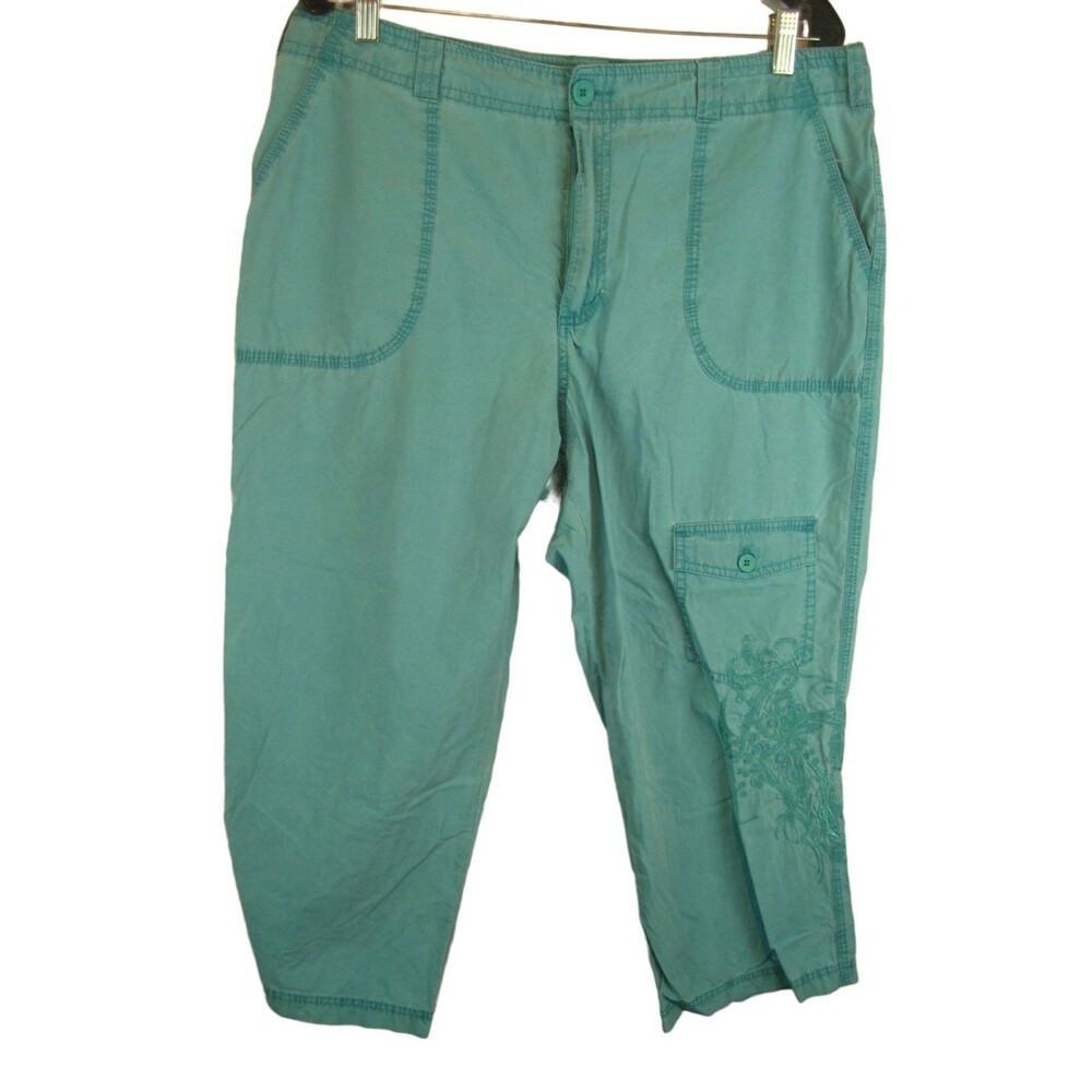 Womens Caribbean Joe Green Cotton Capri Pants w Embroidery sz 16 (36x22x11r)